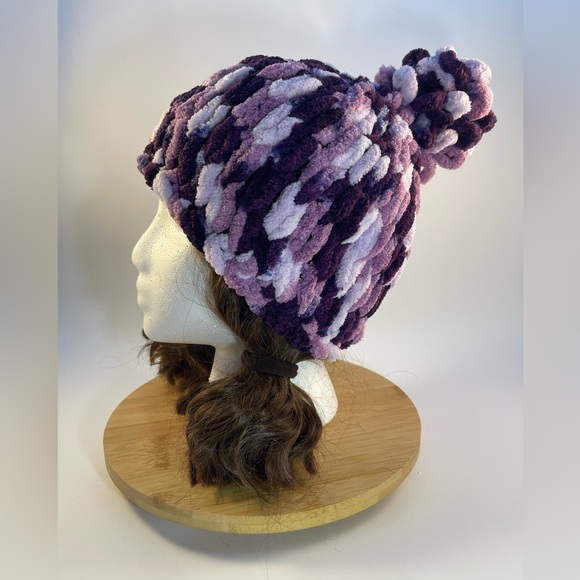 Handmade Kid’s Super Soft & Cozy Winter Hat With Loopy Pom-Pom-Variegated Purple - Picture 5 of 9
